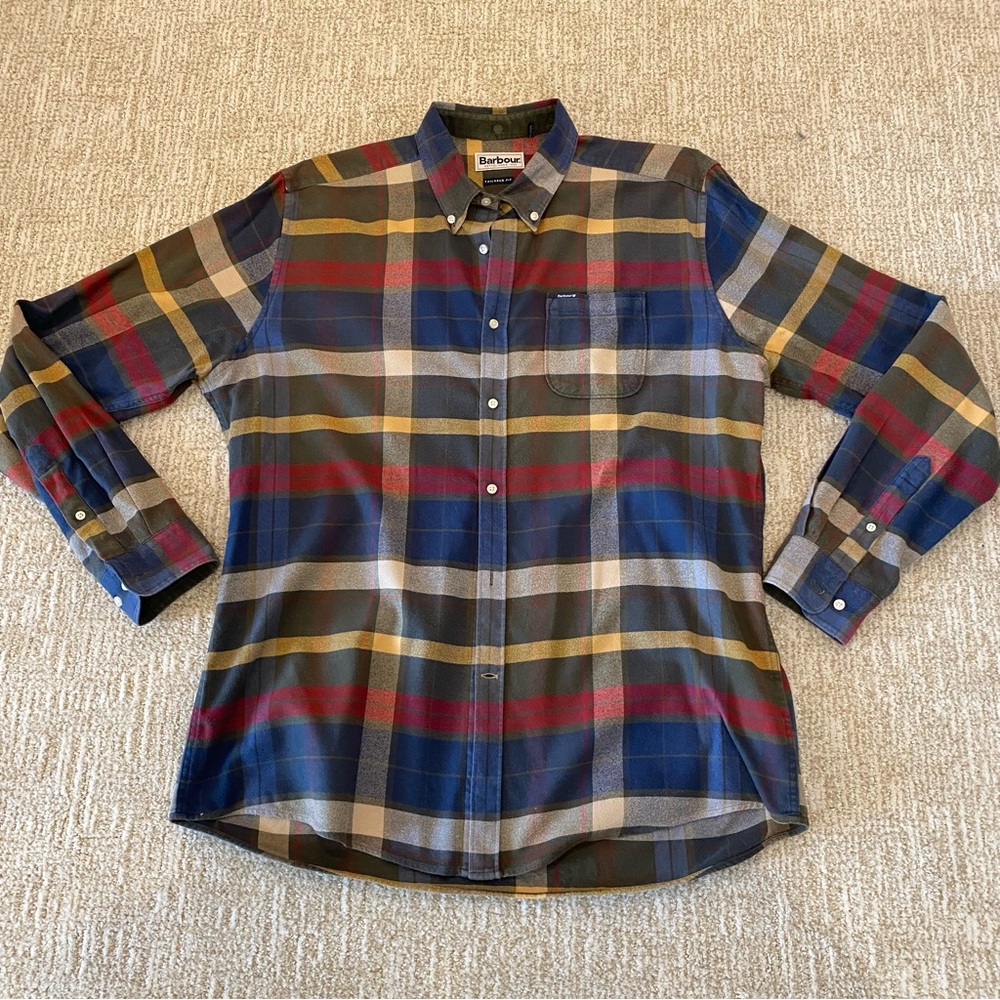 Barbour Men's flannel Plaid Button-Down Shirt Navy/Red/Olive tailored fit size L